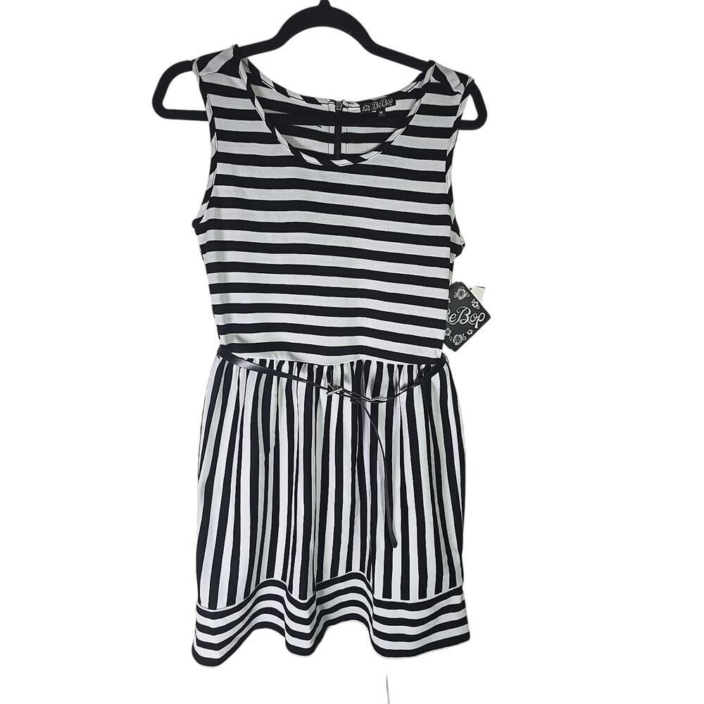 NWT BeBop Striped Retro Dress Belted Knee Length Sleeveless Womens Medium